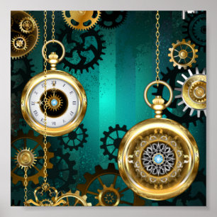 Poster Steampunk Jewelry Watch em um fundo verde