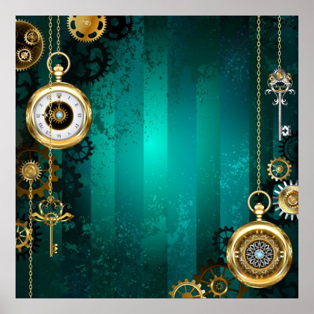 Poster Steampunk Jewelry Watch on a Green Background (Frente)