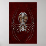 Pôster Steampunk Spider on Deep Red<br><div class="desc">This unique spider design is constructed out of old metal and rusting gears. The steampunk inspired arachnid sits with four of its legs stretching up and the other four reaching down. This symmetrical pattern is a  beautiful and stylish representation of this little crawling creature.</div>
