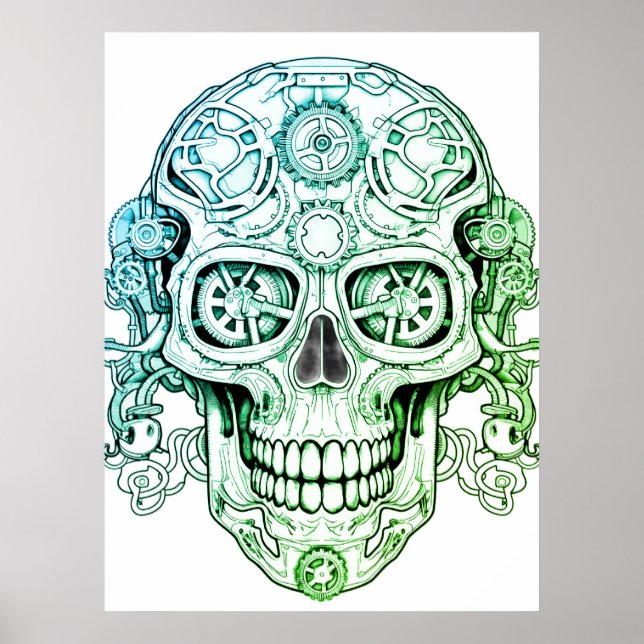 Poster Steampunk Sugar Skull Drawing Art for Adults Wall (Frente)