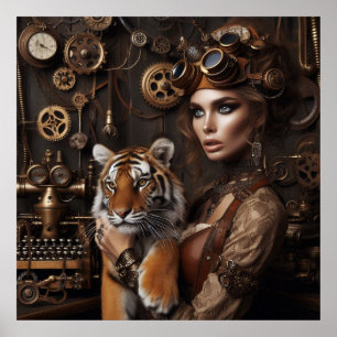 Poster Steampunk - Time Machine Young Girl and Tiger 80-4
