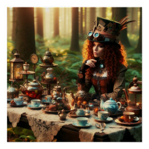 Pôster Steampunk Vintage Victorian Lady Mad Hatter