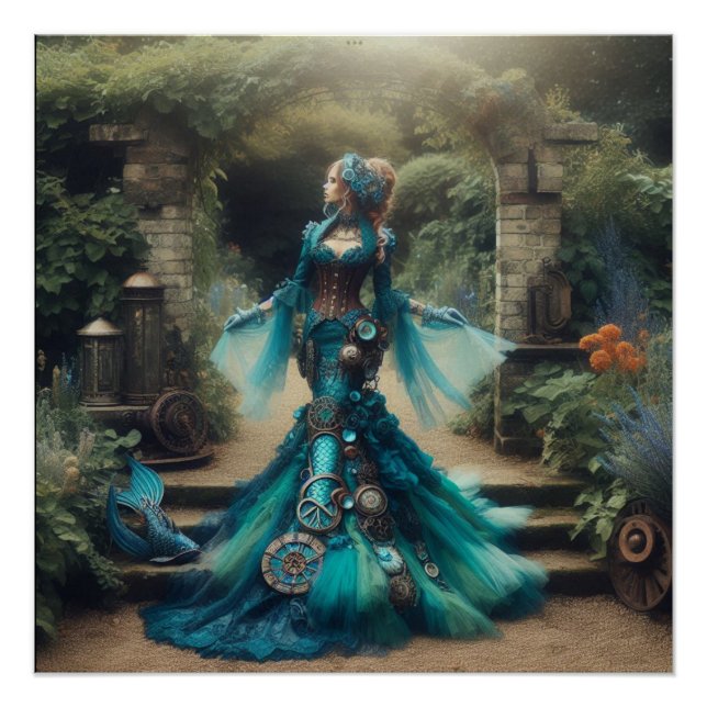 Pôster Steampunk Vintage Victorian Lady Teal Mermaid (Frente)