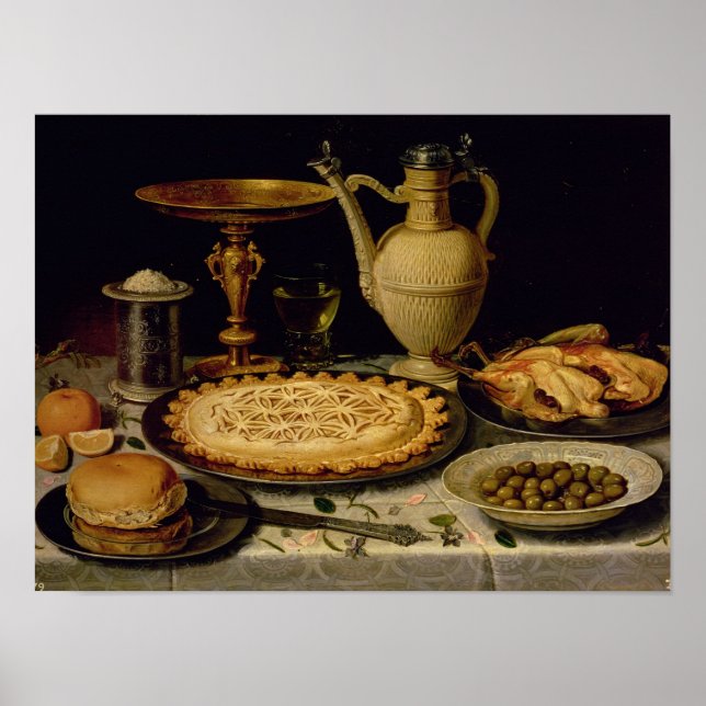 Poster Still life with a tart,chicken, bread and olives (Frente)