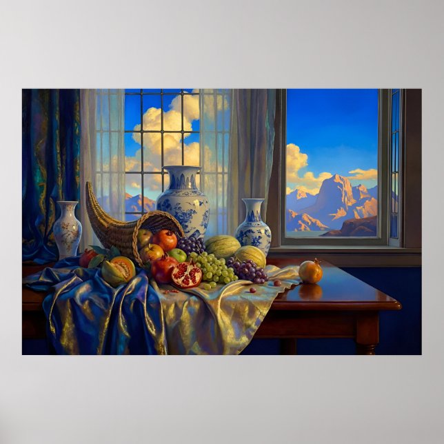 Poster Still Life with Blue Window and Distant Peaks (Frente)