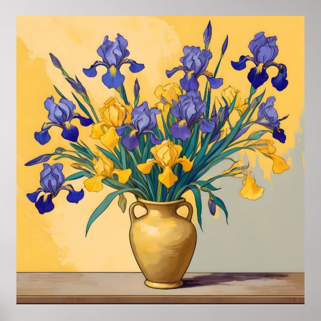 Poster Stilleven met Gele en Blauwe Irissen in een Gouden (Frente)