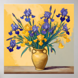 Poster Stilleven met Gele en Blauwe Irissen in een Gouden