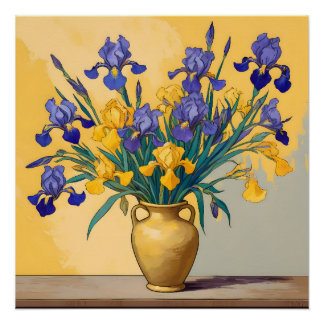 Pôster Stilleven met Gele en Blauwe Irissen in een Gouden