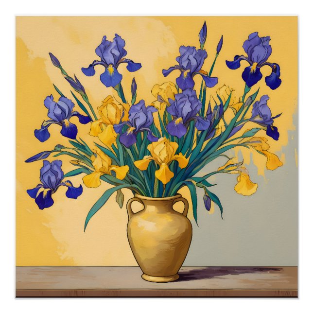 Pôster Stilleven met Gele en Blauwe Irissen in een Gouden (Frente)