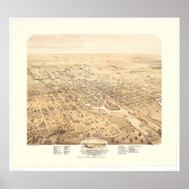 Pôster Stockton, CA Panoramic Map 1870 (1667A) - Restored (Frente)