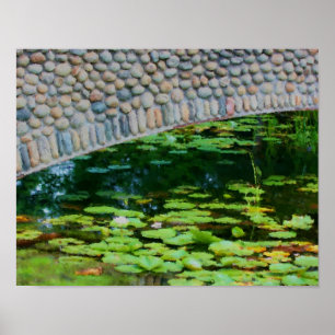 Poster Stone Bridge Lilypads Watercolor Painting
