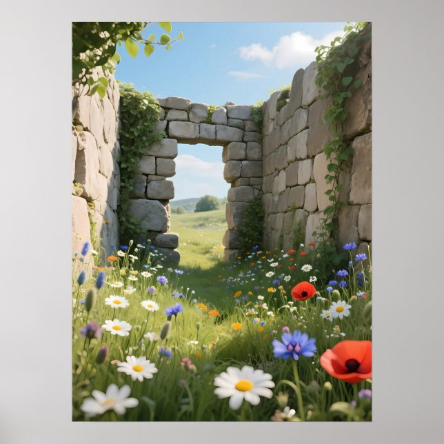 Poster Stone Wall Ruin Meadow Flowers Art (Frente)