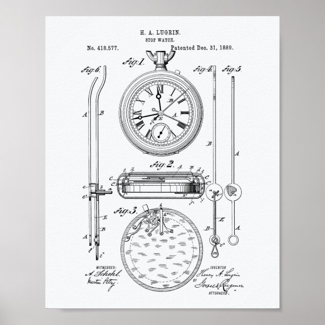 Pôster Stop Watch White Paper de 1889 sobre as patentes (Frente)