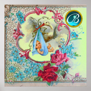 Pôster STORK BABY BOY SHOWER Gem Stone Monogram Green