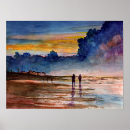 Pôster Stormy Sunset Beach Combing Watercolor