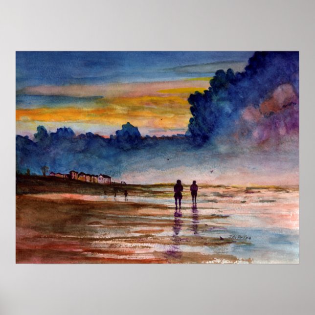 Pôster Stormy Sunset Beach Combing Watercolor (Frente)