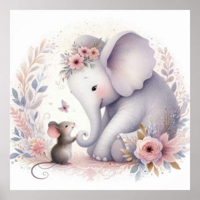 Poster Storybook Woodland Babando Elefante E Rato (Frente)