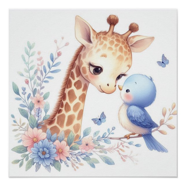 Pôster Storybook Woodland Babings Giraffe E Pássaro Azul (Frente)