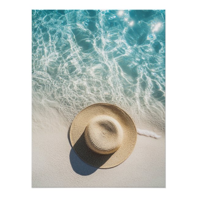 Pôster Straw Hat on White Sand by Sparkling Ocean (Frente)