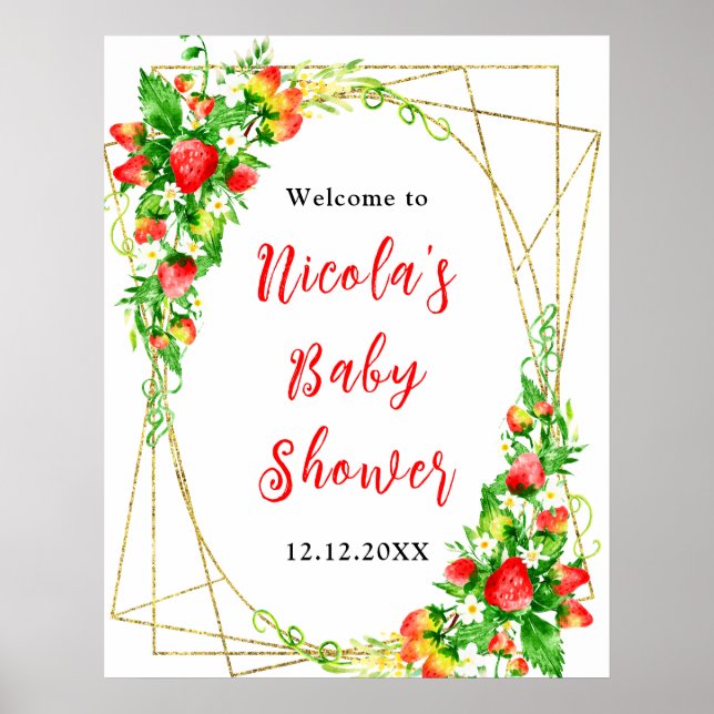 Poster Strawberries and Daisies Baby Shower Welcome (Frente)