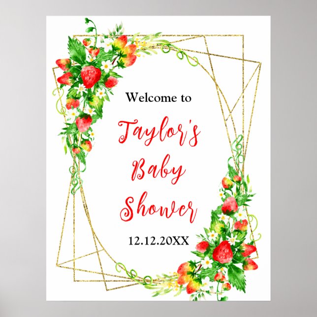 Poster Strawberries and Daisies Baby Shower Welcome Sign (Frente)