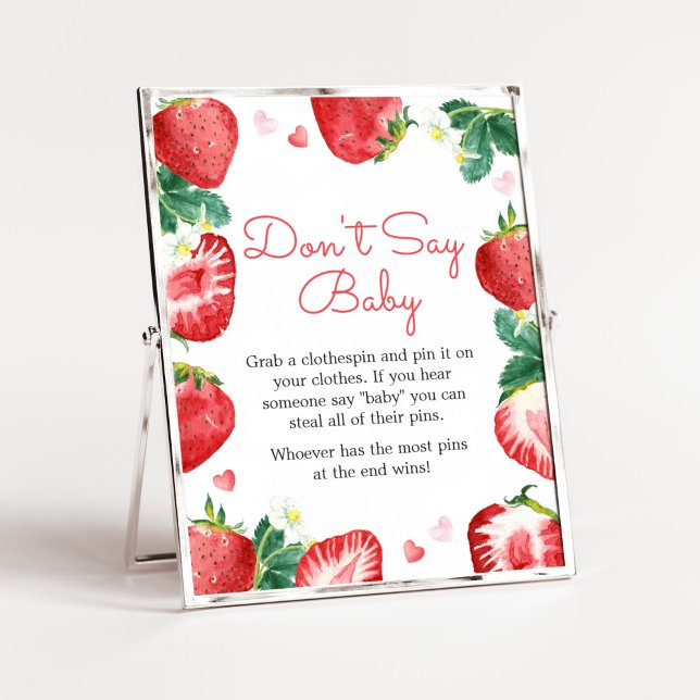 Poster Strawberry Berry Doce Chá de fraldas Não diga bebê (A Berry Sweet Strawberry Baby Shower Don't Say Baby Sign)