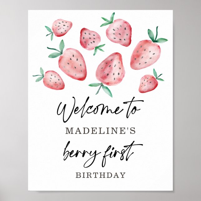 Poster Strawberry Berry First Birthday Girl Sweet Welcome (Frente)