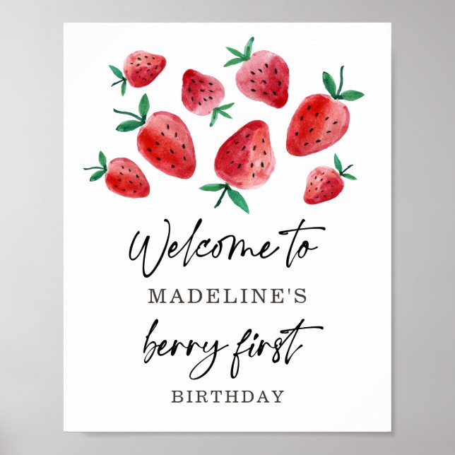 Poster Strawberry Berry First Birthday Girl Sweet Welcome (Frente)