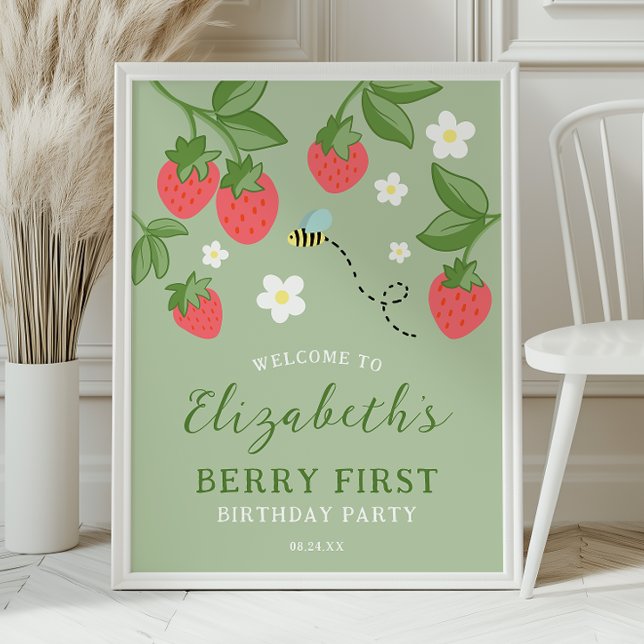 Poster Strawberry Berry First Birthday Party Welcome (Criador carregado)