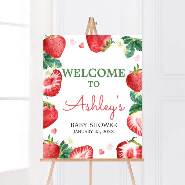 Poster Strawberry Berry Sweet Chá de fraldas Welcome (A Berry Sweet Strawberry Baby Shower Welcome Sign)