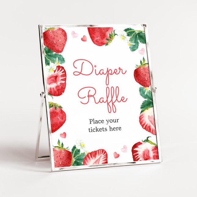 Poster Strawberry Berry Sweet Fralda Raffle (A Berry Sweet Strawberry Baby Shower Diaper Raffle Sign)