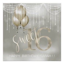 Pôster String Lights & Balloons Sweet 16 Champagne ID473