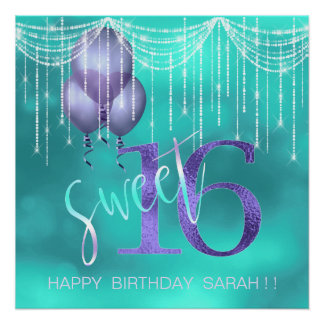 Pôster String Lights & Balloons Sweet 16 TealPurple ID473