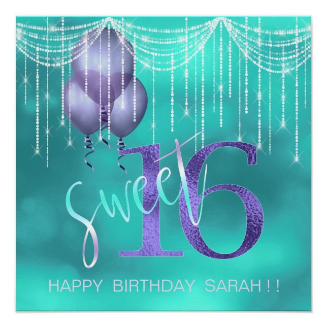 Pôster String Lights & Balloons Sweet 16 TealPurple ID473 (Frente)