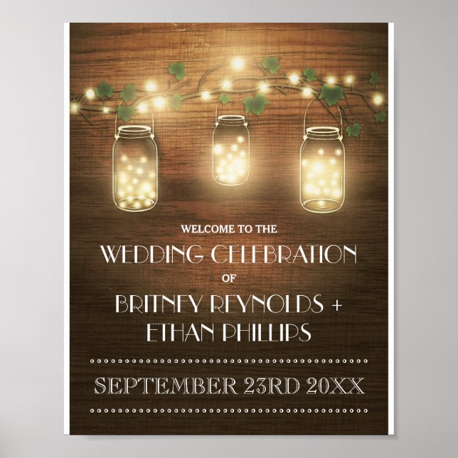 Pôster String Lights Rustic Mason Jar Wedding Welcome (Frente)