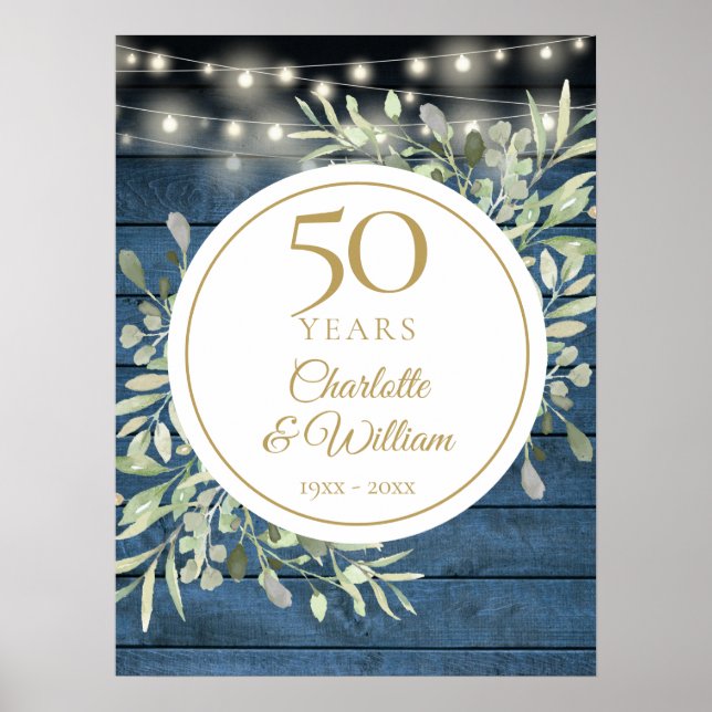 Poster String Lights Rustic Wood 50º Aniversário Sinal (Frente)
