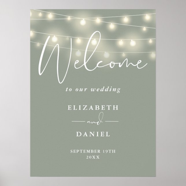 Poster String Lights Sage Green Wedding Welcome Sign (Frente)