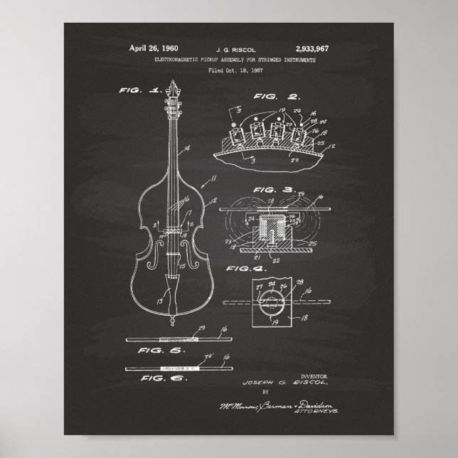 Pôster Stringed Instruments 1960 Patent Art Chalkboard (Frente)