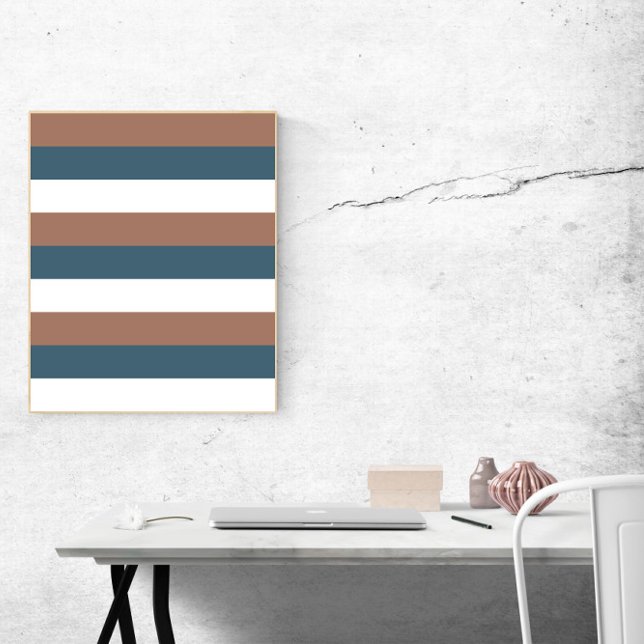 Poster Stripes Mocha Castanho Branco (A poster of brown, white and teal stripes.)