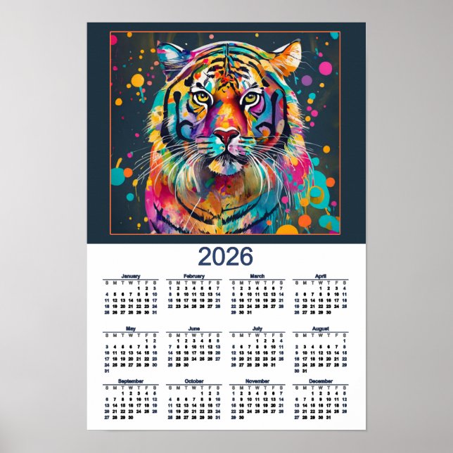 Poster Stunning Watercolor Tiger 2026 Calendar  (Frente)
