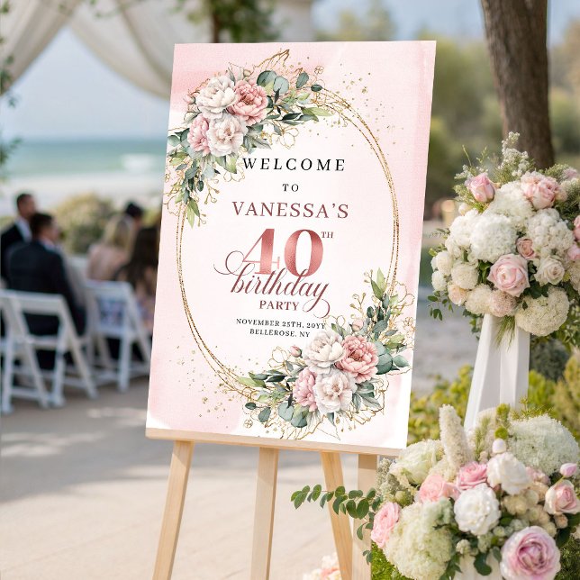 Poster Stylish Boho Light Pink Greenery 40th Birthday  (Stylish Boho Light Pink Greenery 40th Birthday Welcome)