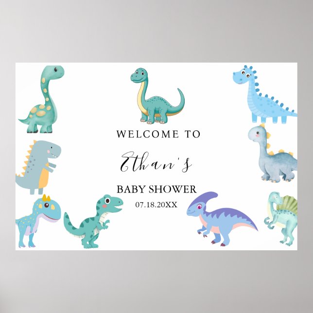 Poster Stylish Dinosaur Baby Shower White (Frente)