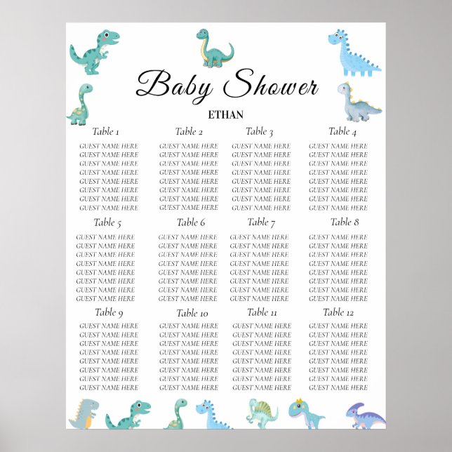 Poster Stylish Dinosaur Baby Shower White (Frente)