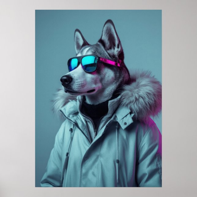 Poster Stylish Husky in Winter Jacket Neon Art (Frente)