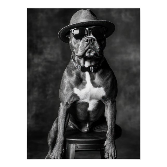Pôster Stylish Pitbull with Hat and Sunglasses (Frente)