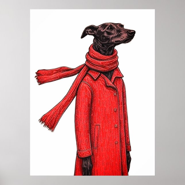 Poster Stylized Greyhound Drawing with Red Vintage Coat (Frente)