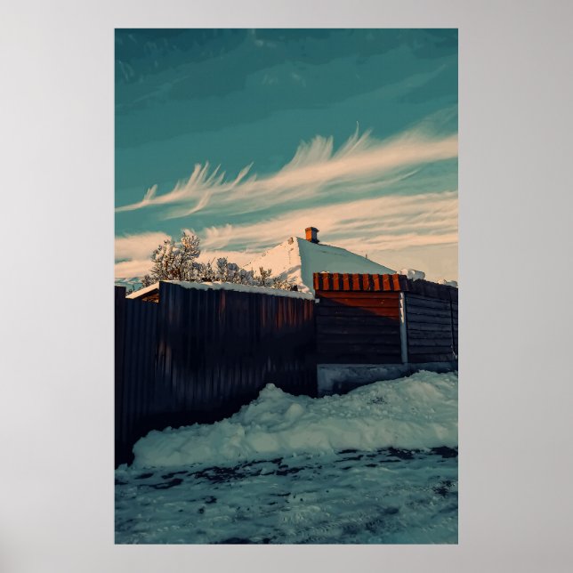 Poster Stylized Winter Snow Teal Sky Landscape Art (Frente)