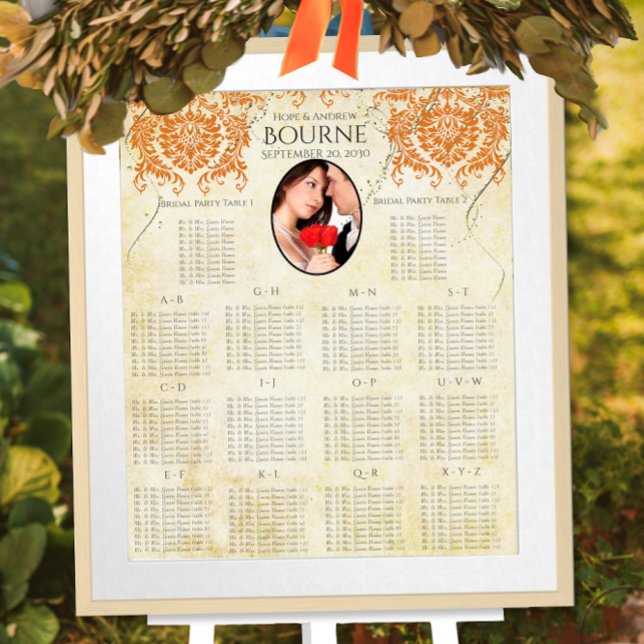 Poster Sua Foto: Coral Damask Dourado Seating Chart (Criador carregado)