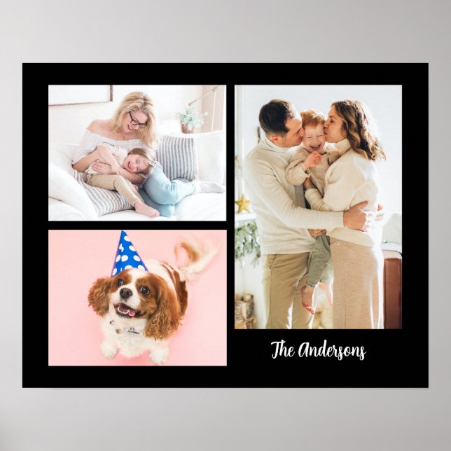 Poster Suas 3 Fotos de Família e Nome em Preto (Frente)