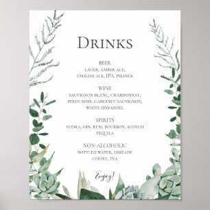 Poster Succulent Greenery   Sinal de menu Drinks para Cas